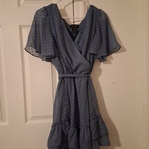 B. Smart Dusty Blue Polka Dot Wrap Mini Dress